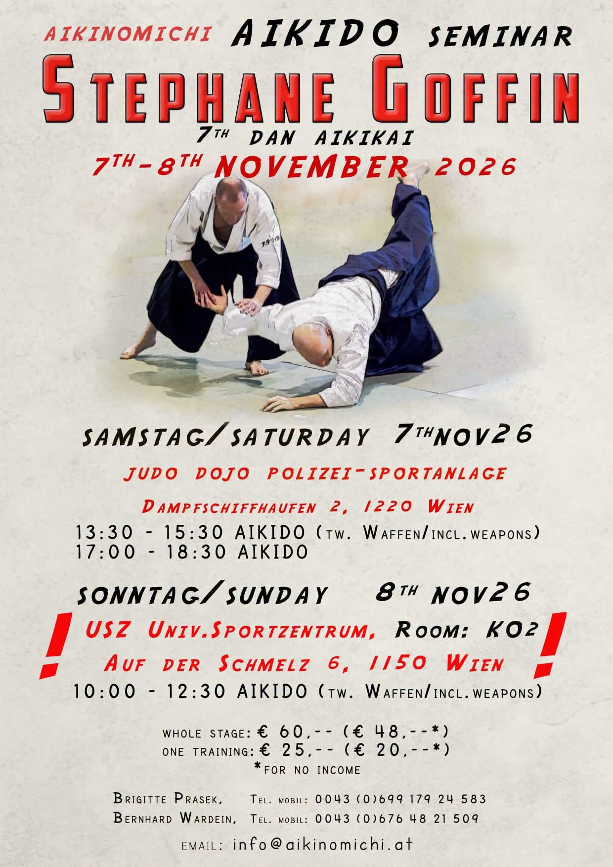 Stéphane Goffin (7. dan aikikai) ismét Aikido edzőtábort tart Bécsben, 2026. november 7-8-án.